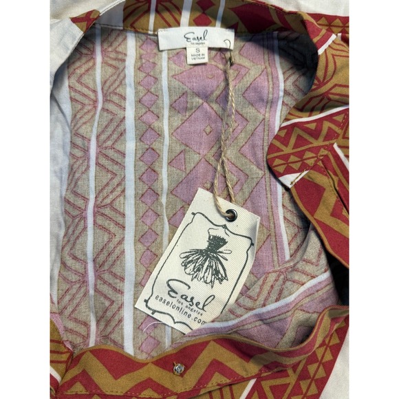 Easel Los Angeles Boho Peasant Top Red Tan Aztec Print Bell Sleeve Blouse S - Picture 3 of 6